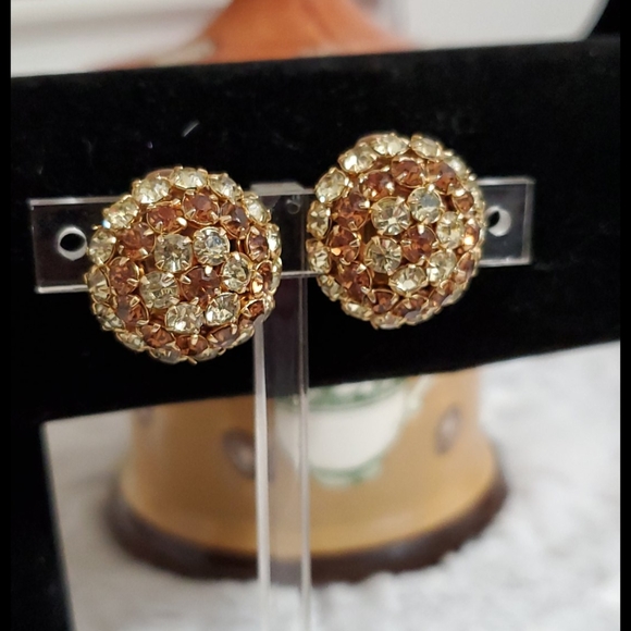 WARNER 3 color yellow amber rhinestone clip on earrings VINTAGE - Picture 5 of 5